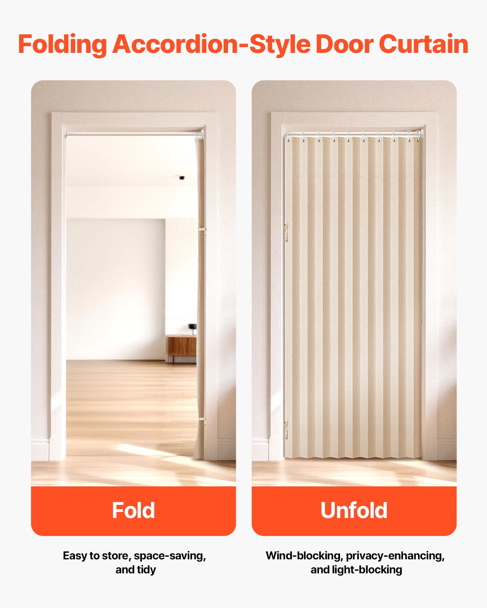 VEVOR Accordion Door, 47 x 78 inch, Blackout Fabric Folding Magnetic Door Curtain, with Hanging Hooks, Interior Room Divider for Doorways, Closets, Bedrooms, Bathrooms, Living Rooms, Beige, 1 Panel