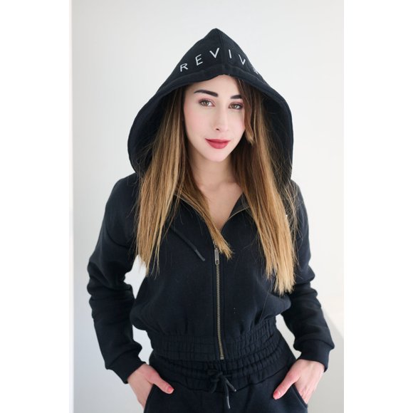 Revive Loungewear Ensemble de Détente Deux Pièces Hoodie Court à Fermeture Éclair et Jogger pour Femmes - Noir, Large