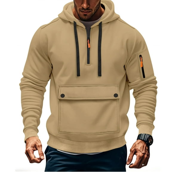 ShomPort Mens Long Sleeve Cargo Sweatshirts Quarter Zip Drawstring Comfy Hooded Shirt Loose Hoodies with Multi-Pockets