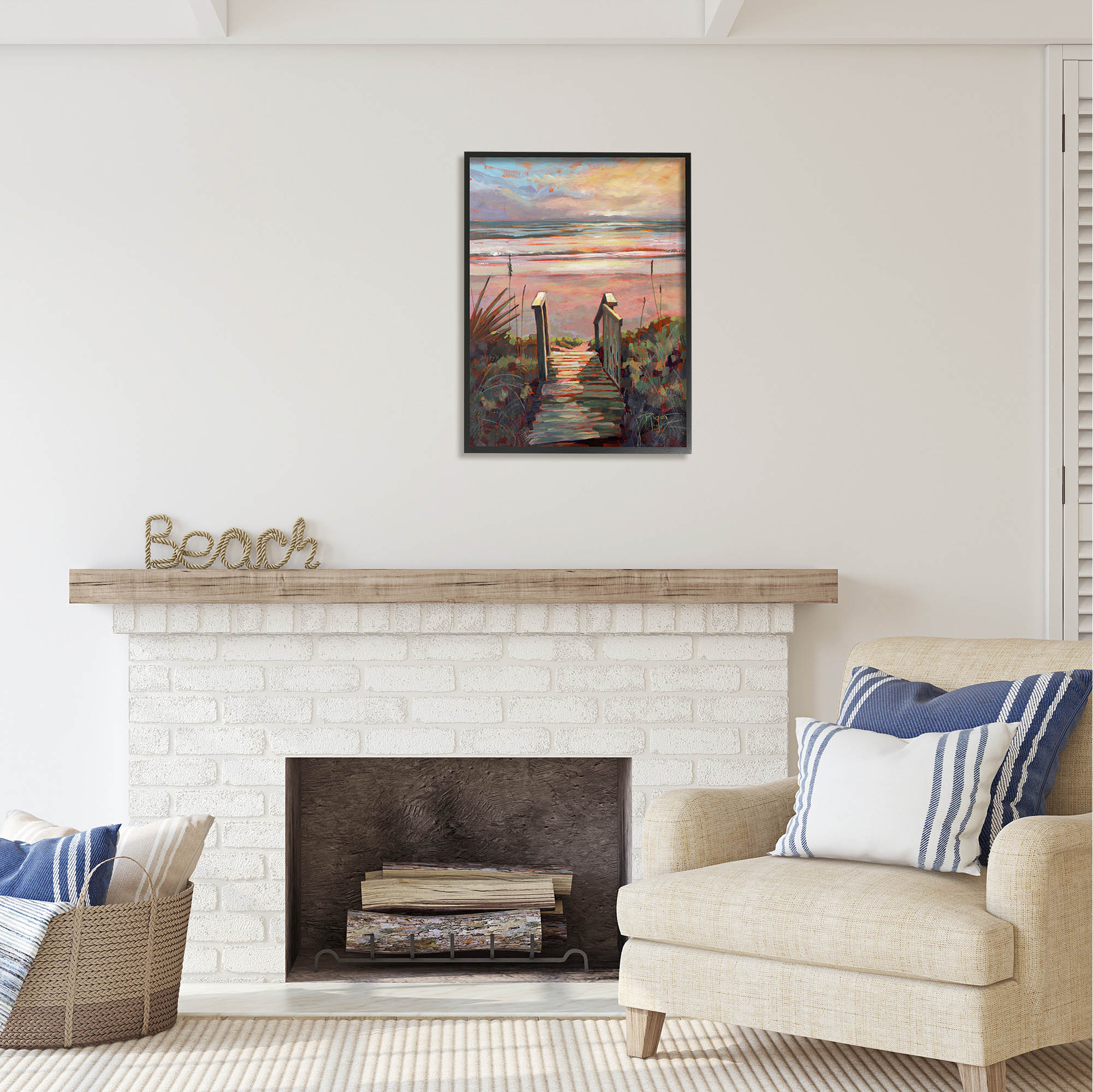 Stupell Industries Beach Shore Sunset Boardwalk Path Coastal Painting Black Framed Art Print Wall Art