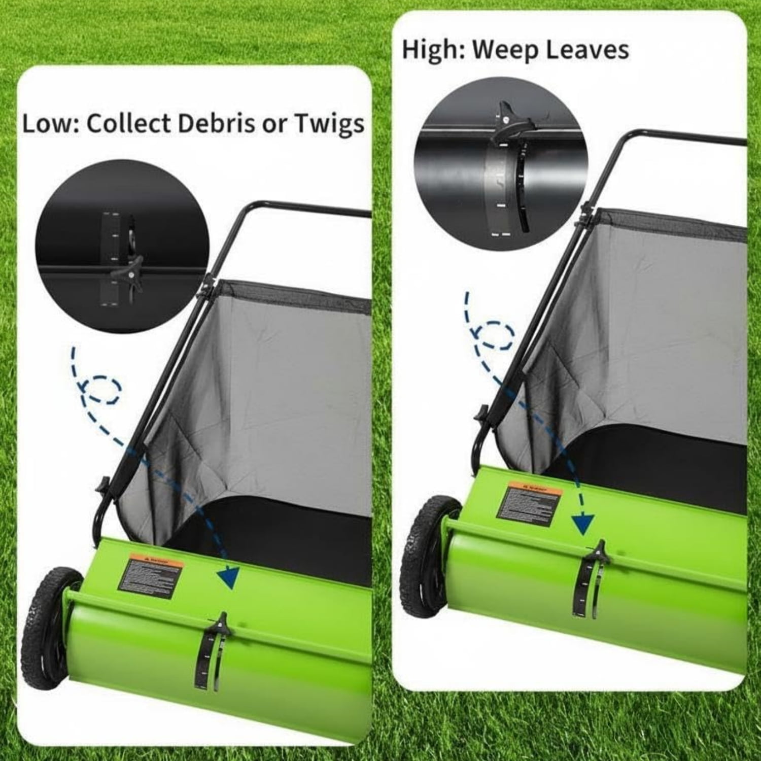 Riedhoff 26" Push Lawn Sweeper,4 Spinning Brushes, 7 Cu. Ft Capacity Collection Bag, Adjustable Height, Light Green
