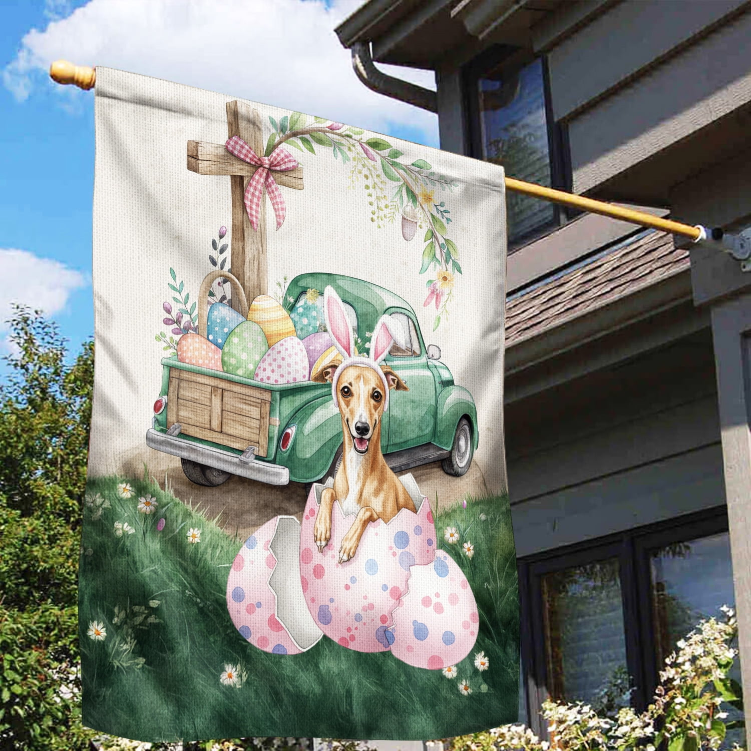 Easter Egg Whippet Bunny Ear Welcome Spring Truck House Flag 28x40in Double Sided Dog Lover Outdoor Decor - 12002