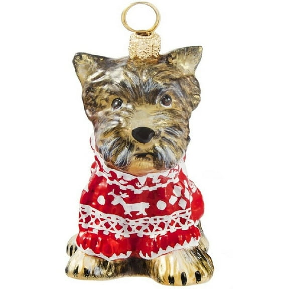 Joy to the World Yorkshire Terrier Yorkie in Nordic Sweater Dog Polish Glass Christmas Ornament