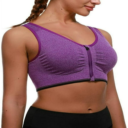 QUTETN Womens Zip Front Sports Bra Wireless Post-Surgery Bra Active Yoga Sports Bras Purple green Grey Blue Stain resistant