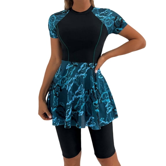 Womens Swimsuits Two Piece Printed Rash Guard Set High Waist Knee Length Pants Crew Neck Short Sleeve Beach Vacation Swimsuit for Women Black L