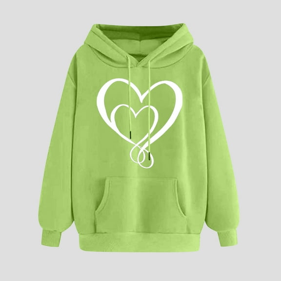 XPMWRP Women's Heart Graphic Printed Hoodie Sweatshirt Long Sleeve Trendy Loose Comfy Fleece Pullover Tops Fall Winter Drawstring Sweatshirts Green S