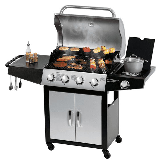 MASTER COOK 4 1 Burners Propane Gas Grill, 52,000 BTU Cabinet BBQ Grill with Side Stove, 518 Sqin Cooking Area, Stainless Steel