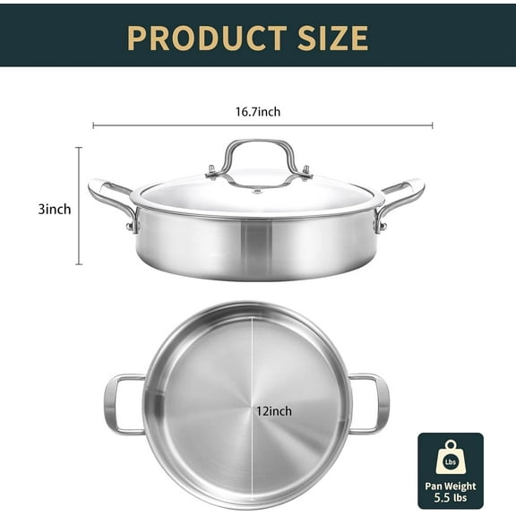 5QT Saute Pan with Lid, 12inch Deep Fry Pan, 3-Ply Stainless Steel Frying Pan, Oven & Dishwasher Safe