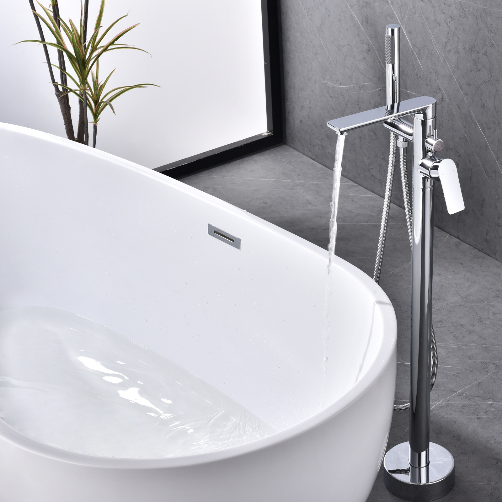 Dawot Floor Mount Bathtub Faucet, 2 Function Brass Chrome Bathroom Freestanding Tub Filler Single Handle with Hand Shower