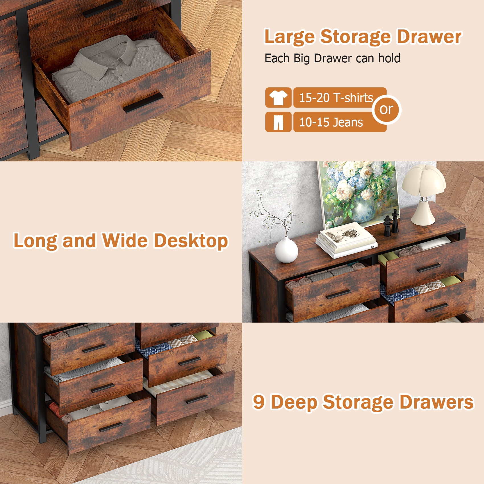 Winkalon Double Dresser with 6 Drawers,Large Chest of Drawers Storage Cabinet for Bedroom Living Room,Brown