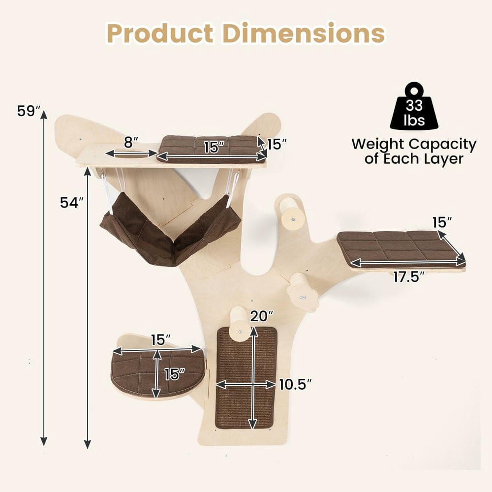 Resenkos Wall-Mounted Cat Shelves and Perch Furniture Set, Brown