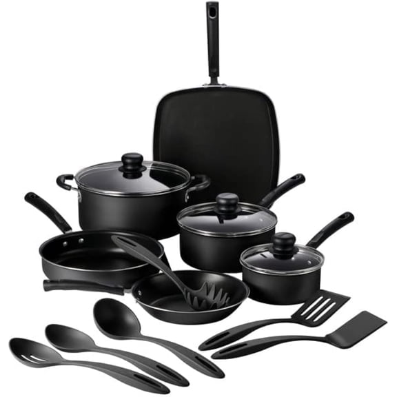 Primaware 15-Piece Non Stick Cookware Set in Storm Aluminum with Lids & Utensils