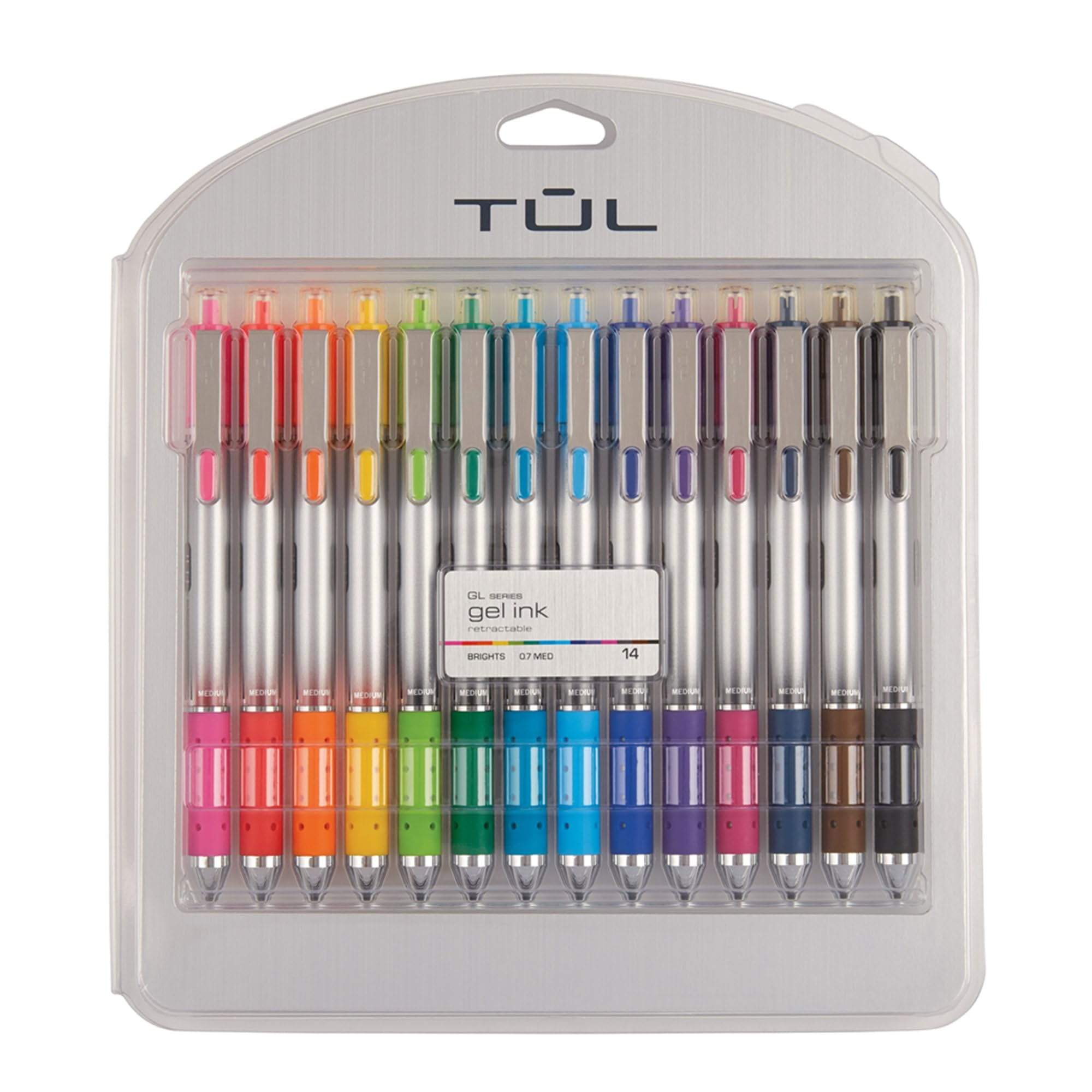 TUL® GL Series Retractable Gel Pens, Medium Point, 0.7 mm, Silver Barrel, Assorted Standard & Bright Ink Colors, Pack Of 14 Pens