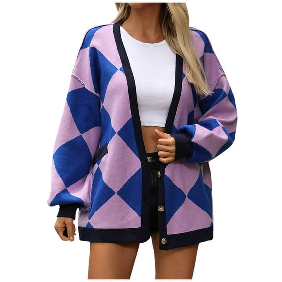 Kilaqueen Best Cardigans for Women Argyle Plaid Button Down V Neck Knit Cardigan Casual Soft Long Sleeve Cardigan Sweaters