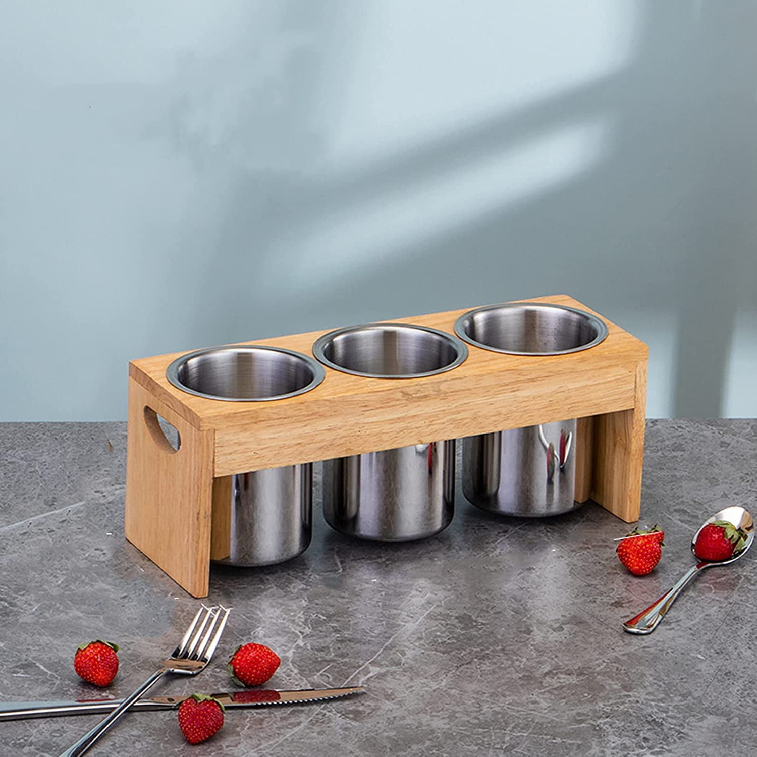 3 Pack Silverware Holder, Stainless Steel Utensil Organizer with Wood Base, Flatware Caddy for Spoons, Knives and Forks, Great for Kitchen Table, Cabinet, Pantry