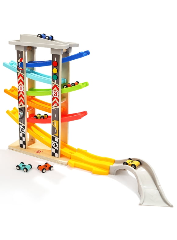 TOP BRIGHT Mega Ramp Racer Car, Track Toy with 4 Wooden Cars