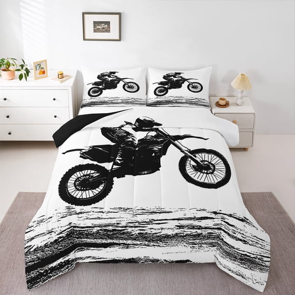 Manfei Dirt Bike Bedding Comforter Set,Extreme Sport Theme Twin Comforter Sets,White Black Bedding Set For Boy,Breathable Home Decor Reversible,2 Pieces