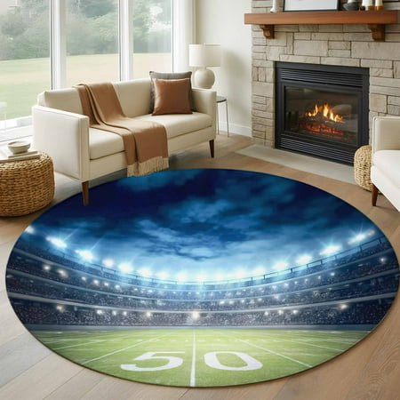 Round Rugs 5Ft Rugby Round Area Rug Washable Indoor Throw Carpet Modern Sport Blue Green Landscape Soft Non Slip Circle Rug for Cabinet Bathroom Home Decor Aesthetic
