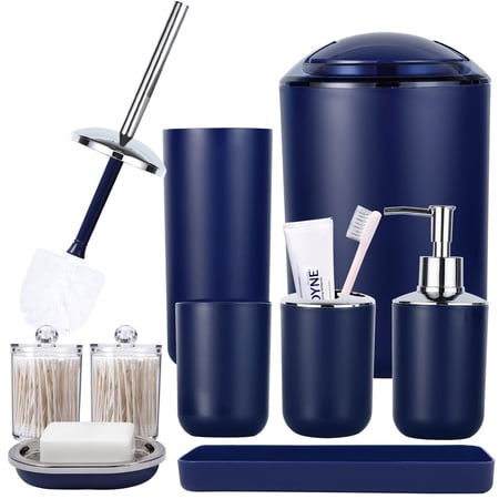 9-Pack Complete Bathroom Accessories Set - Cute Bath Essentials with Trash Can Soap Dispenser Toothbrush Holder & Qtip Dish