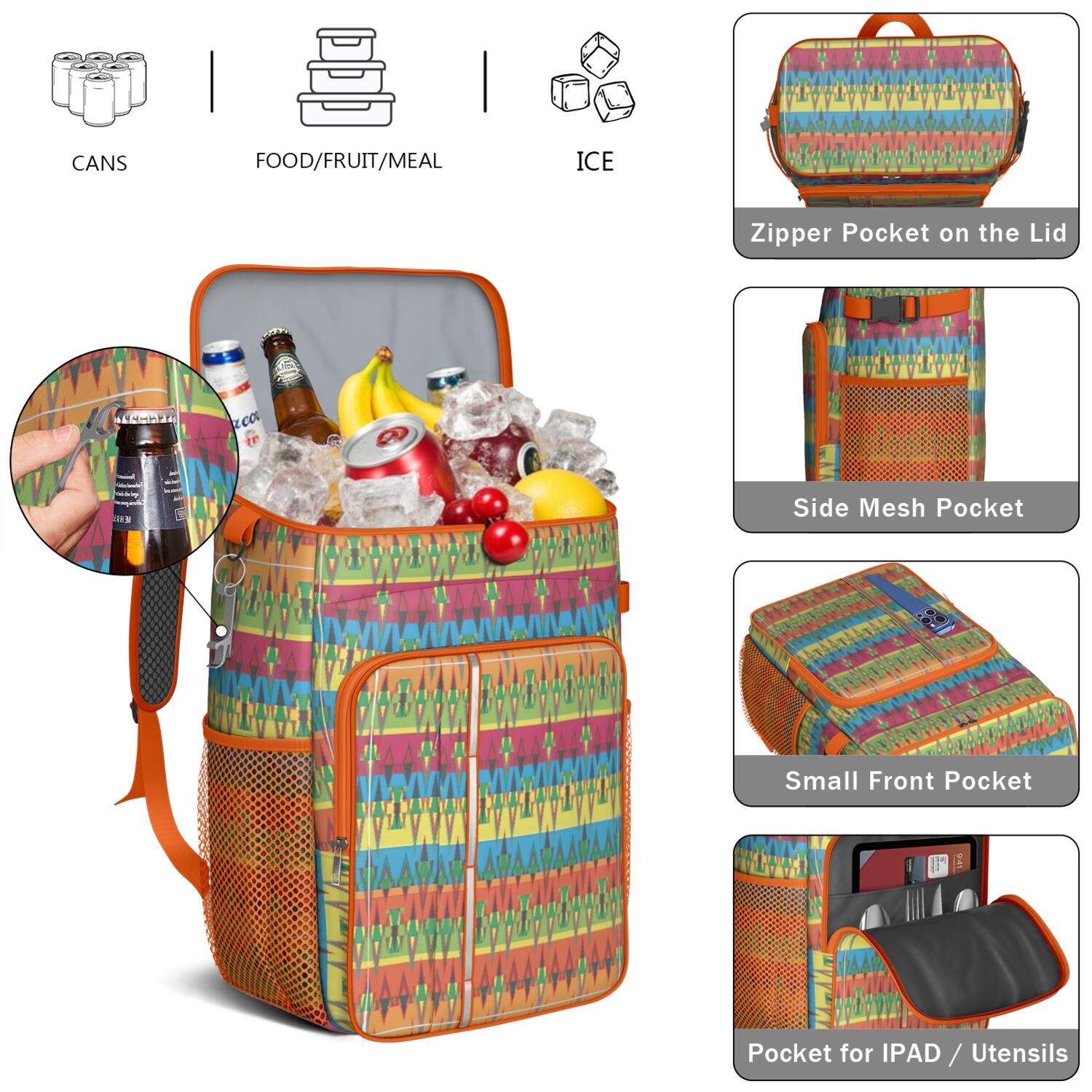 Travel Cooler Bag - Boho Bohemia Pioneer Flower Geometric Line Art Camping Beer Cooler Backpack with Bottle Opener- Waterproof Insulated Picnic Backpacks - Cooler Bag for Beach