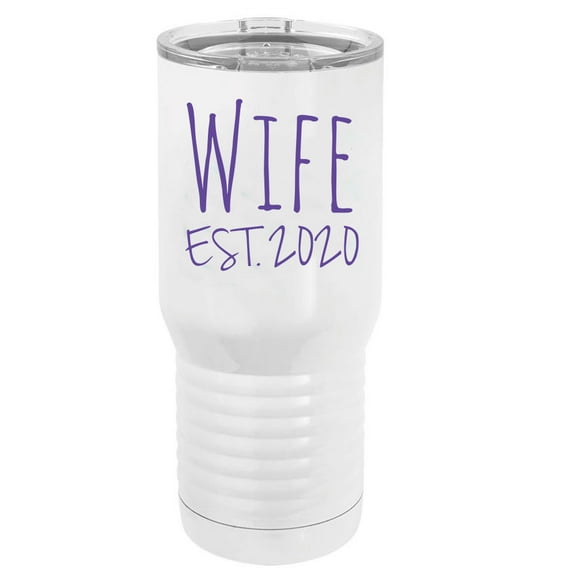 Wife Est. 2020 Established Stainless Steel Vacuum Double-Walled Insulated 20 Oz Tumbler Travel Coffee Mug with Clear Lid, White
