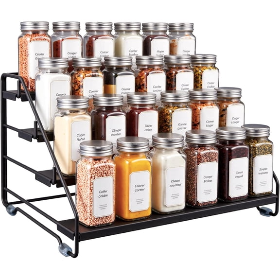 4 Tier Spice Rack Organizer for Cabinet, Step Adjustable Spice Shelf Seasoning Organizer with Non Slip Tiers, Expandable Metal Spice Rack for Kitchen Countertop, Pantry, Cupboard – Black