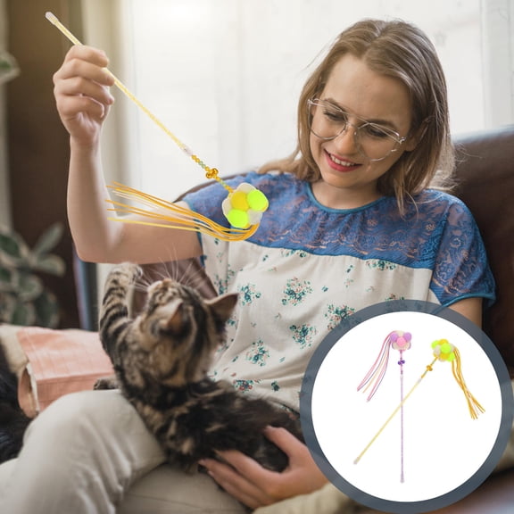 Supvox Bite-Resistant Cat Teaser Stick Tassel Yellow Plastic Polyester for Pet Use 2Pcs