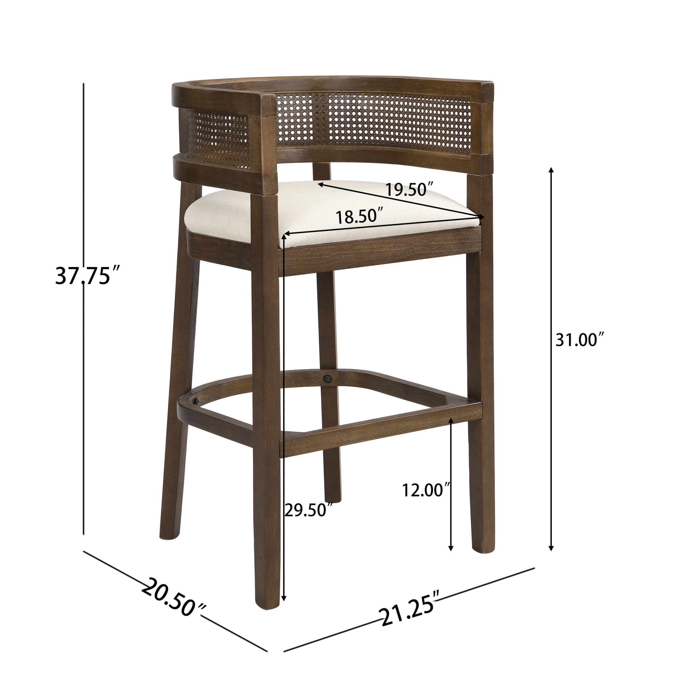 Christopher Knight Home 29.5" Upholstered Bar Stools, Wood Frame with Rattan Back, Walnut, Set of 2