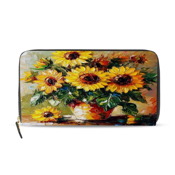 Qxltty Sunflowers Oil Paintings Women's Leather Wallet Fashion Retro Multi Card Holder with Cell Phone Pocket Mothers Day Gifts