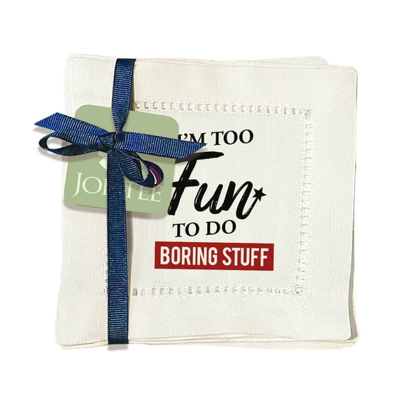 Jolitee Decorative Hemstitch Cocktail Napkins, 6"x6" Washable Linen-Like Cloth Napkins, Handmade for Entertaining and Everyday Use (I'm too fun)