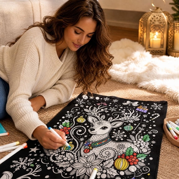 Christmas Throw Blanket, Flannel DIY Coloring Blanket with 3 Assorted Xmas Patterns, Christmas Decorations for Kids and Adults