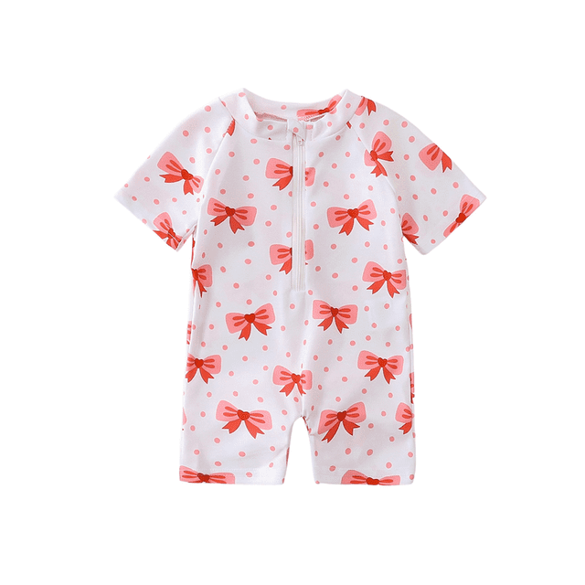Argulvti Toddler Girl Rash Guard Swimsuit Cherry/Bow Print Zipper Short Sleeve Zip Up Bathing Suit