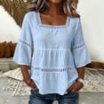 thumbnail image 2 of Womens Cotton Linen Shirts 3/4 Sleeve,lace Trim Square Neck Flowy Tops for Women Loose Fit Shirt Women Casual Shirt Plus Size Fashion Clothing Outfits Summer Basic Blouse,Blue,M, 2 of 8