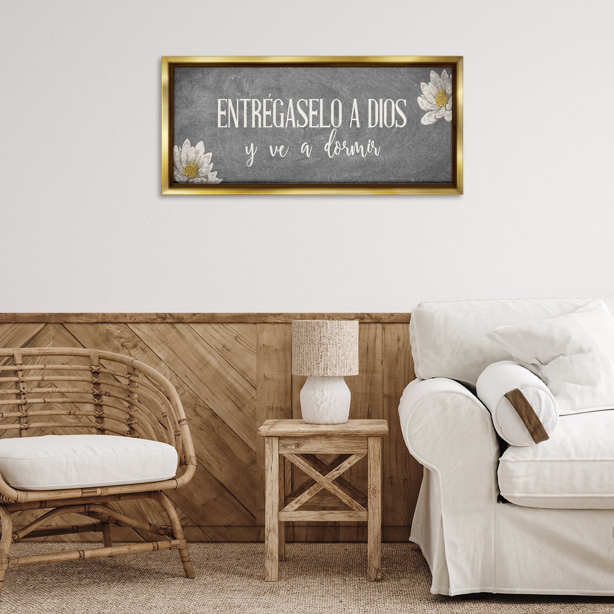 Stupell Industries Entrégaselo a Dios y Descansa Religious Quotes and Sayings Painting Gold Floater Framed Art Print Wall Art, 31 x 14