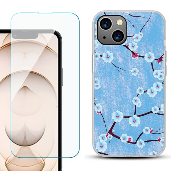 Slim-Fit Flexible TPU Gel Phone Case for iPhone 13, with Tempered Glass Screen Protector, by OneToughShield ® - Blossom Sky