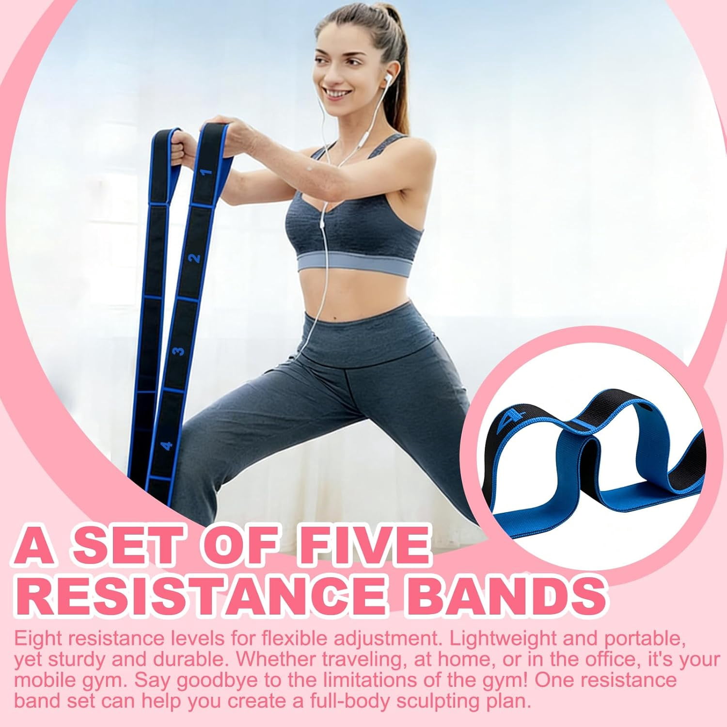 Numbered Resistance Band 5-Pack, Numbered 8-Section Elastic Stretch Bands for Yoga, Pilates, Stretching, Glutes, Full Body Workout