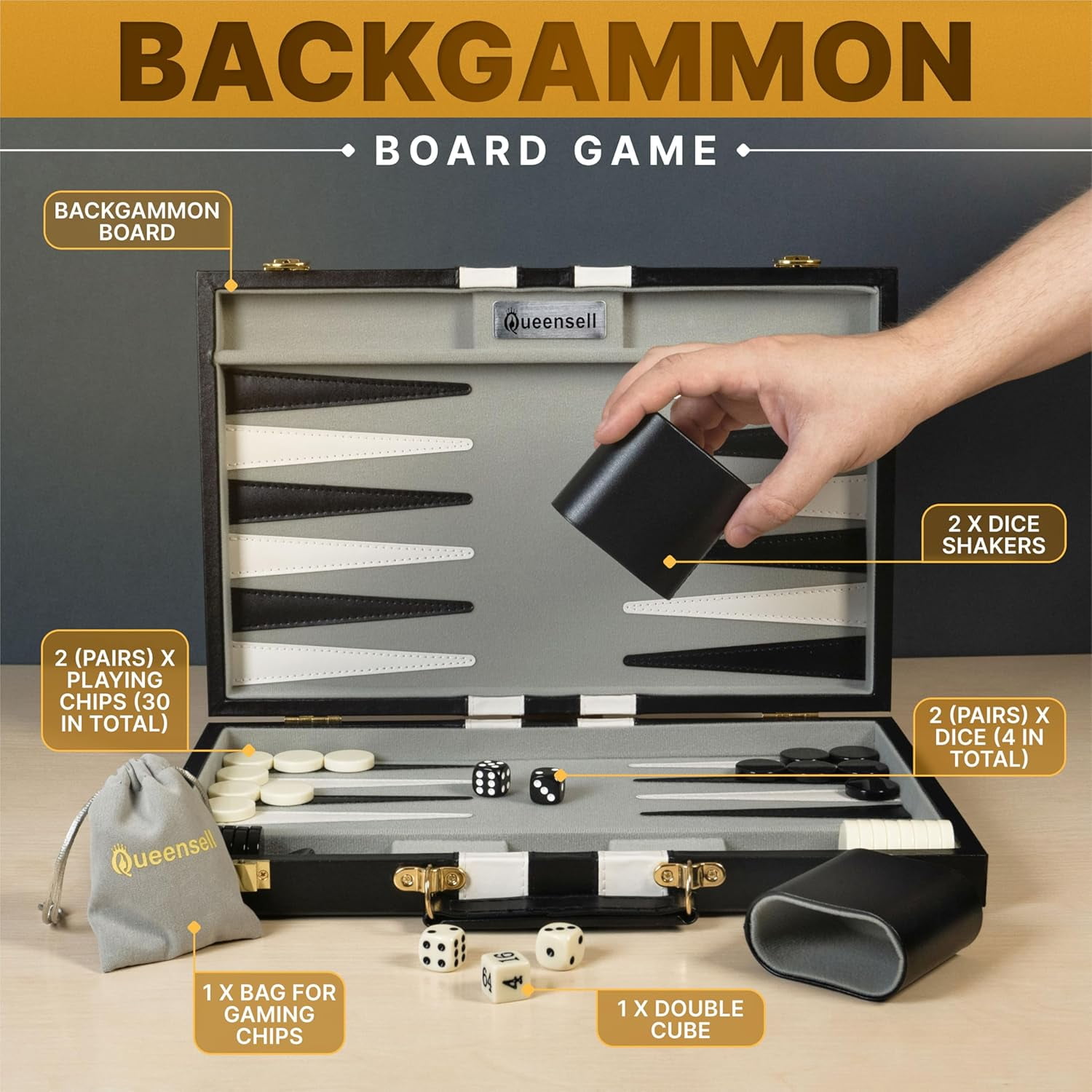 Backgammon Sets for Adults - 15-Inch Black PU Leather