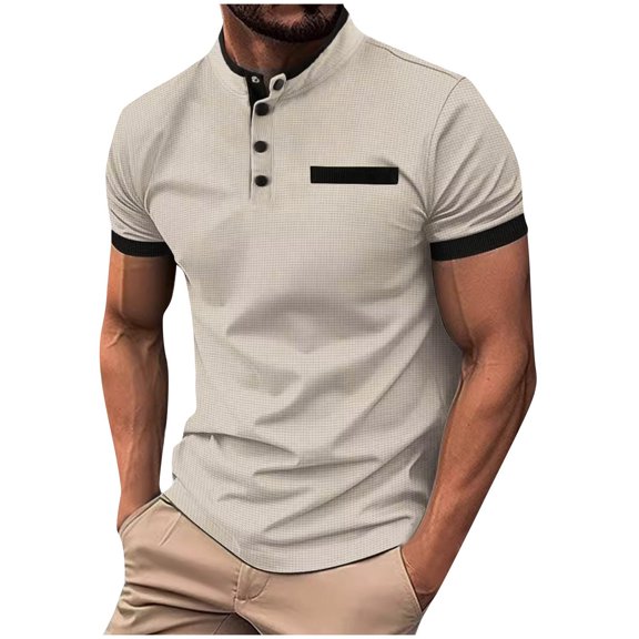 guisaled Waffle Henley Shirts for Men Short Sleeve Stand Collar Golf Shirts Summer Solid Color Casual Button Down Dress Shirts