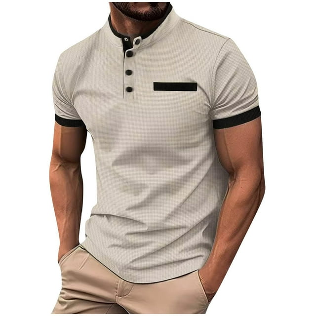 Playeras Elvqul de Hombre Cao Mayor Algodón sin Estampado Manga Corta Elástica Cuello Mao Botones