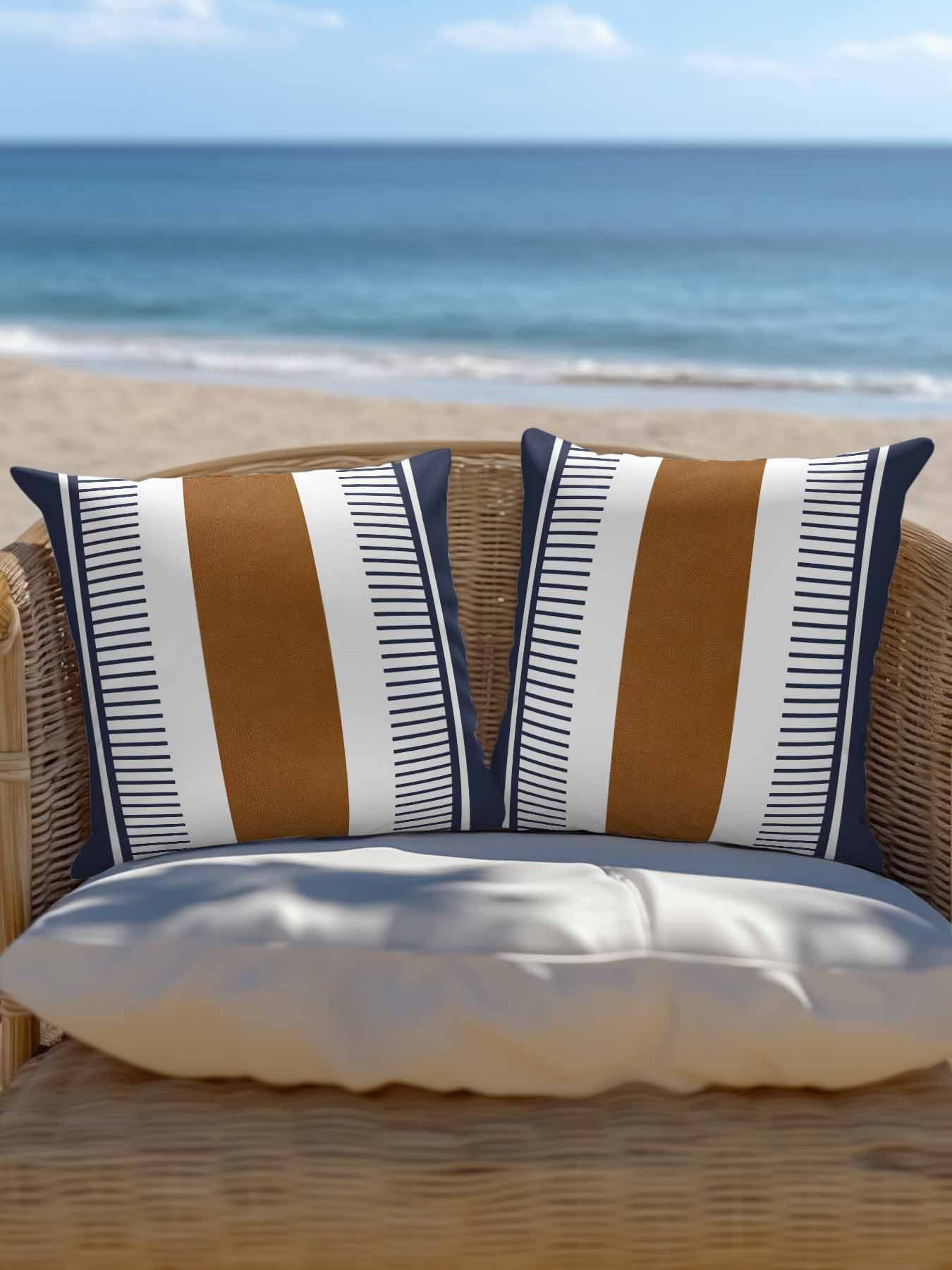 Waterproof Outdoor Throw Pillows with Inserts 18"x18" Set of 2, Modern Brown Blue Soft Decorative Pillowcases for Couch Bedroom, Boho Contemporary Geometric Striped Pillow Covers for Sofa Living Room