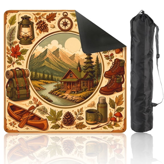 Mahjong Mat 31.5" x 31.5" Non-Slip Noise Reduction Rustic Cabin Mountain Landscape Surrounded by Vintage Outdoor Gear American Table Mat for Mahjong Tiles Dominoes Card Board Game Gifts
