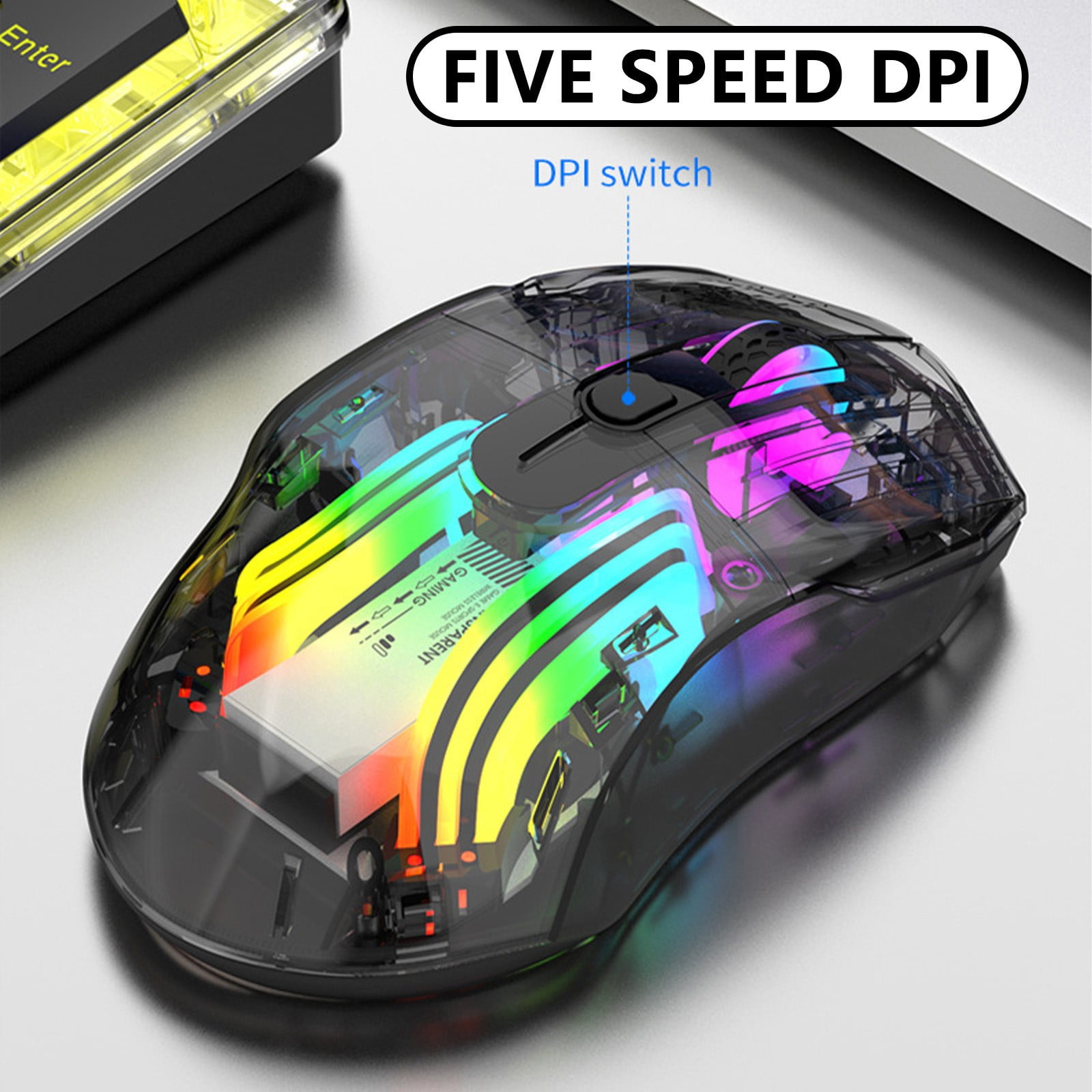 Bluetooth Wireless Mouse with Transparent Crystal Shell, Tri-Modes (USB Wired+2.4G Wireless+Bluetooth), Five Speed DPI,Silent Click,RGB Backlit, Used for Gaming and Esports(Black)