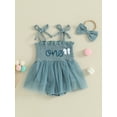 thumbnail image 2 of Bslissey Infant Baby Girls Summer Sleeveless Romper Dress Letter Tie Up Strap Tulle Patchwork Pleated Bodysuit with Headband Newborn Sweet Birthday Outfit 3M 6M 9M 12M 18M, 2 of 9