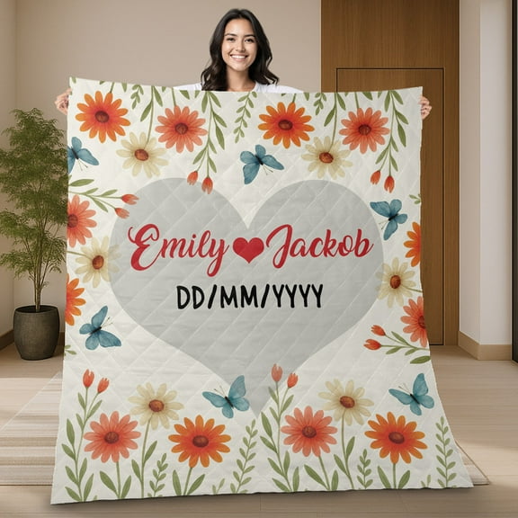 Personalized Couple Quilt Blanket – Custom Name Heart Flower Quilt with Butterflies, Anniversary Gift for Wife Husband, Romantic Bedroom Décor