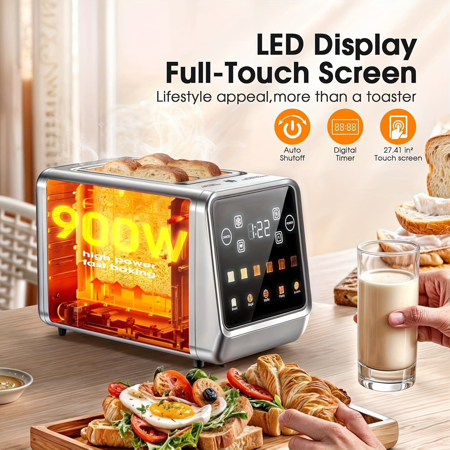 2-Slice Touch Screen Stainless Steel Toaster | Smart Digital with Memory Function, 5 Bread Types & 6 Shade Settings, 1.5" Wide Slot, 900W Power