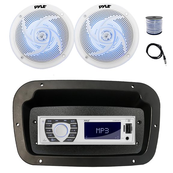 Pyle PLRMR23BTW Single DIN Bluetooth Marine MP3 Stereo Receiver, Spa bezel, Adapter Plate, 22" Radio Antenna, Wire, 2x 6'' 240 Watt Max Power 2-Way Blue Flashing LED Audio Speakers (White)