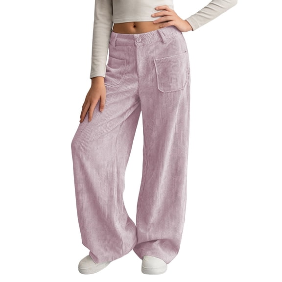 CPNG Girls' Corduroy Wide Leg Pants High Waisted Button Front Zipper Loose Wide Leg Casual Sweat Pants with Side Pockets(Light Pink,13-14 Years)