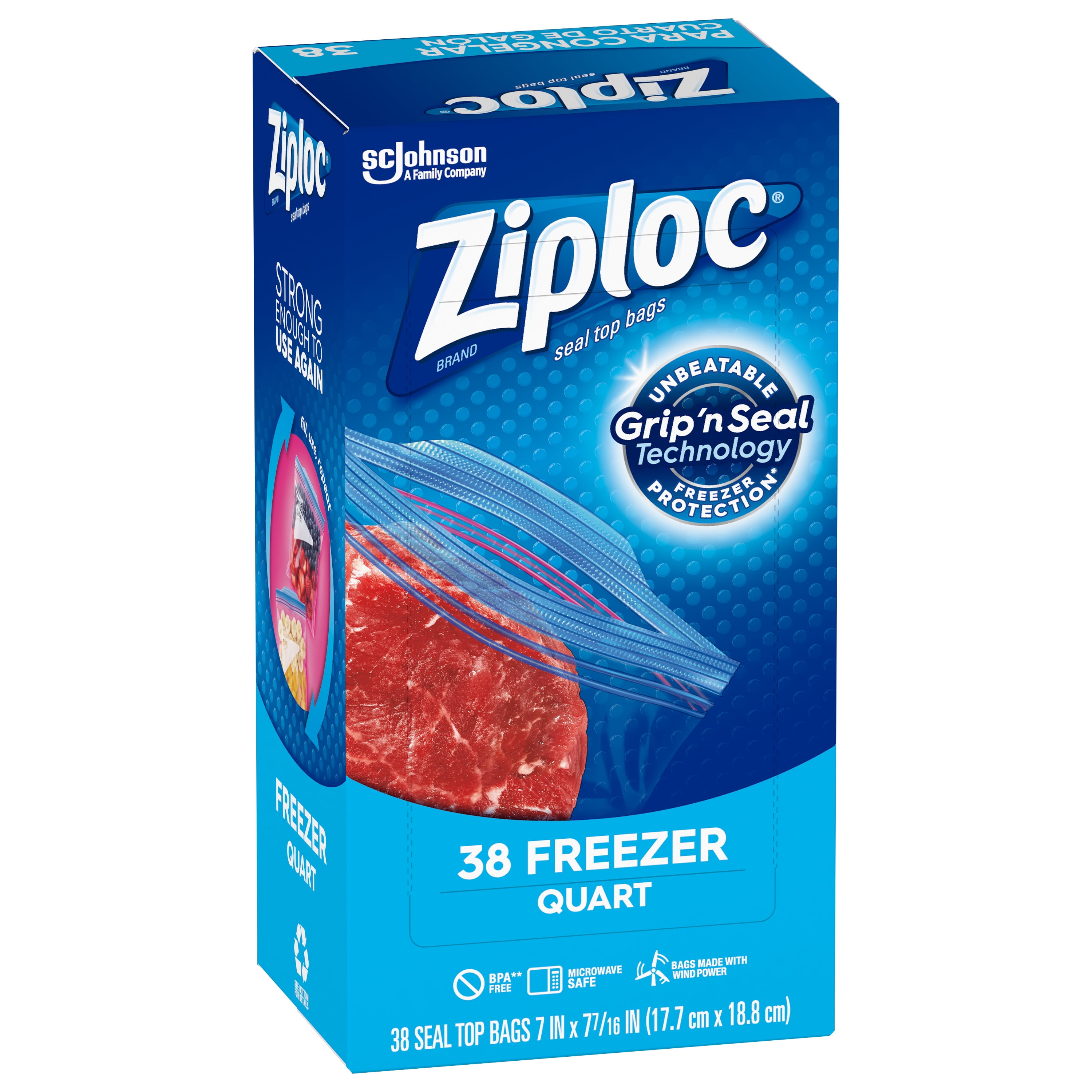Ziploc Seal Top Bags, Freezer, Quart 38 Ea