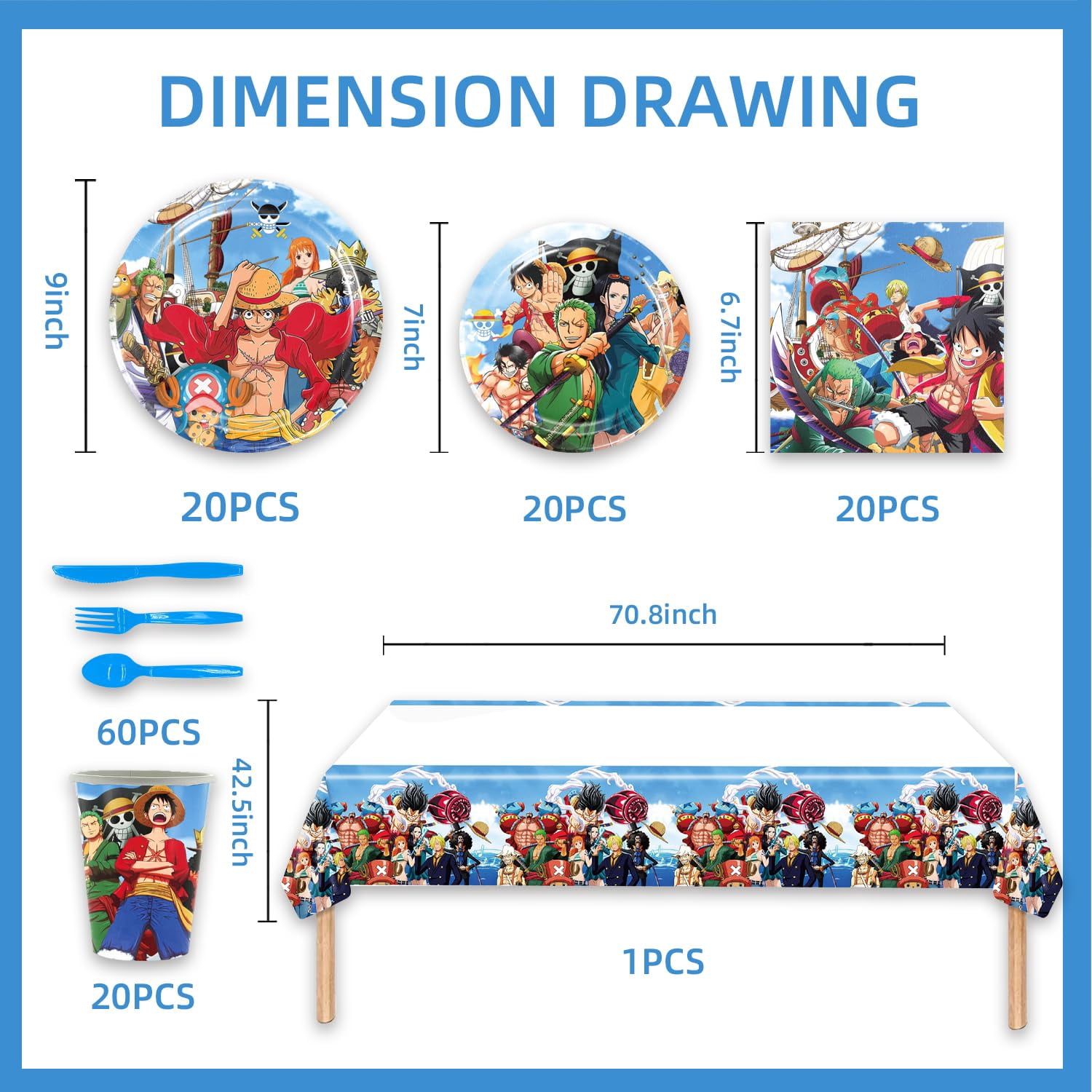 141pcs One Piece Birthday Tableware Decorations Party Plates Cups Theme Napkins One Piece Party Decoration