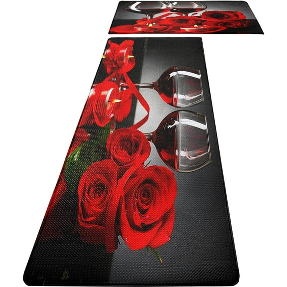 Red Wine Kitchen Rugs and Mats Set of 2 Modern Rose Anti Fatigue Kitchen Floor Mat Non-Skid Washable Kitchen Runner Rug for Kitchen Sink Laundry